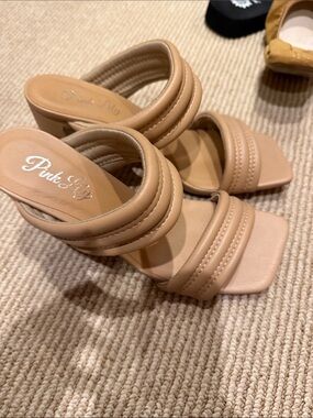 Pink Lily Tan Padded Double-Strap Block Heel Sandals
